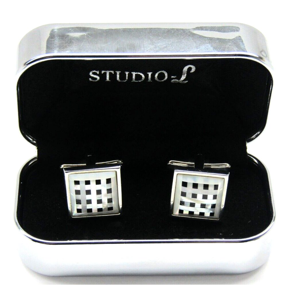 Silver Studio S Cufflinks Checkerboard Mother of Pearl Shell With Metal Case